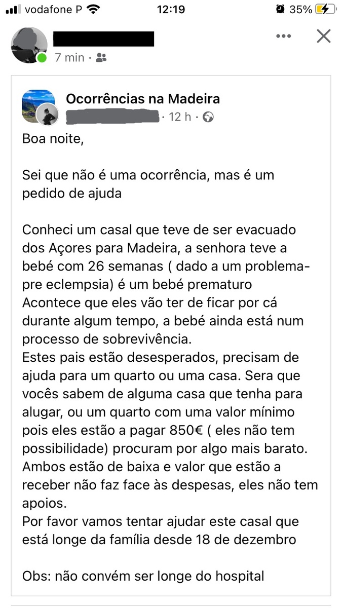 O apelo publicado ontem num grupo no Facebook.
