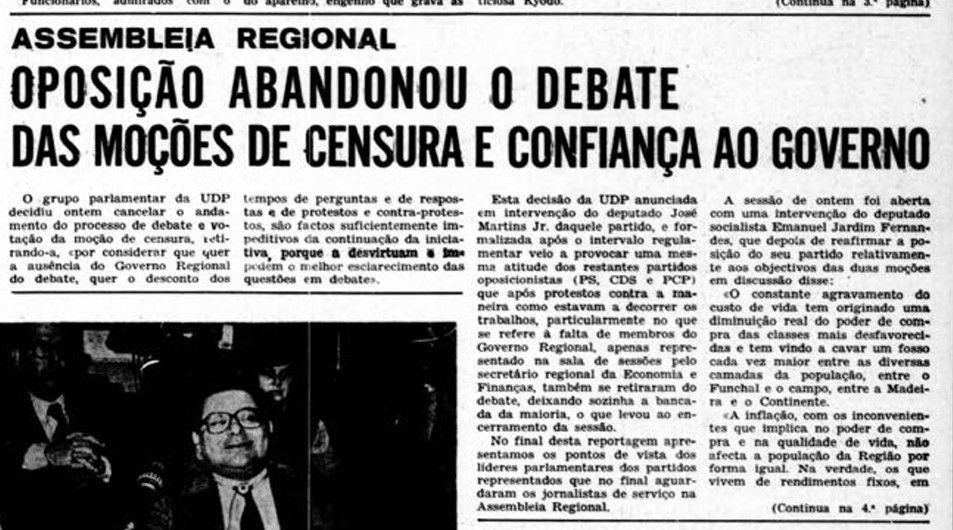 Notícia da edição de 10 de Fevereiro de 1982, sobre a moção de censura da UDP e de confiança do Governo