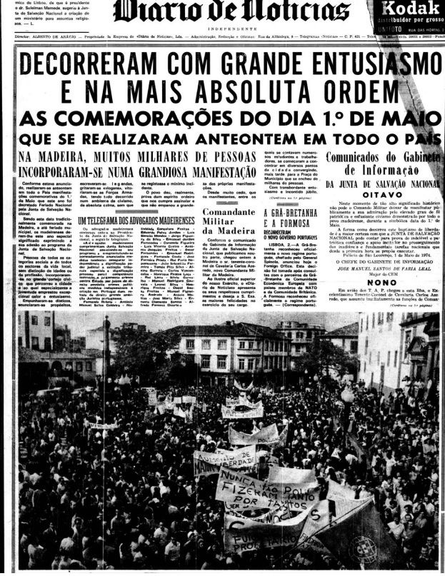 A primeira página do DIÁRIO no dia posterior à maior manifestação de sempre na Madeira, a 1 de Maio de 1974.