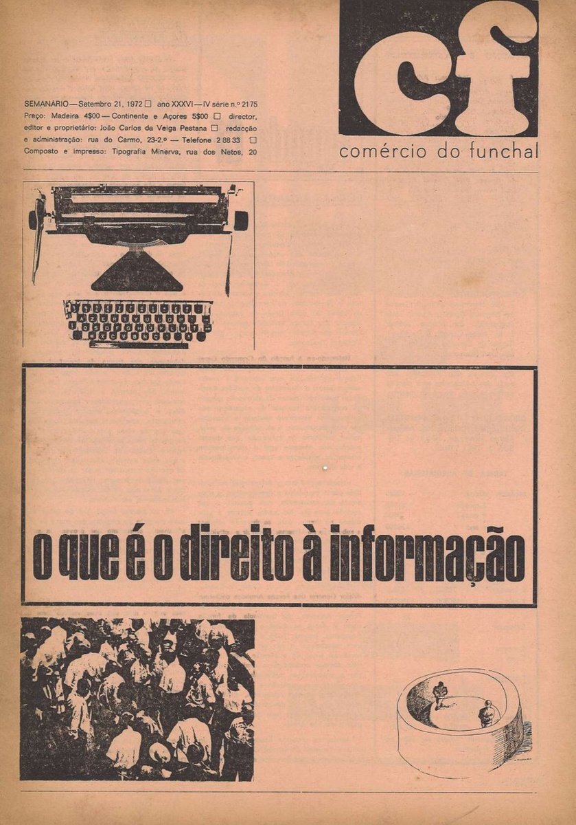 Uma 1.ª página do 'Comércio do Funchal'.&nbsp;