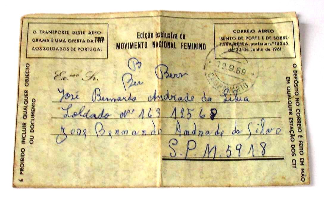 Foto do último aerograma ao soldado José Bernardo, outro soldado falecido na guerra na Guiné, cujo corpo também não foi recuperado.