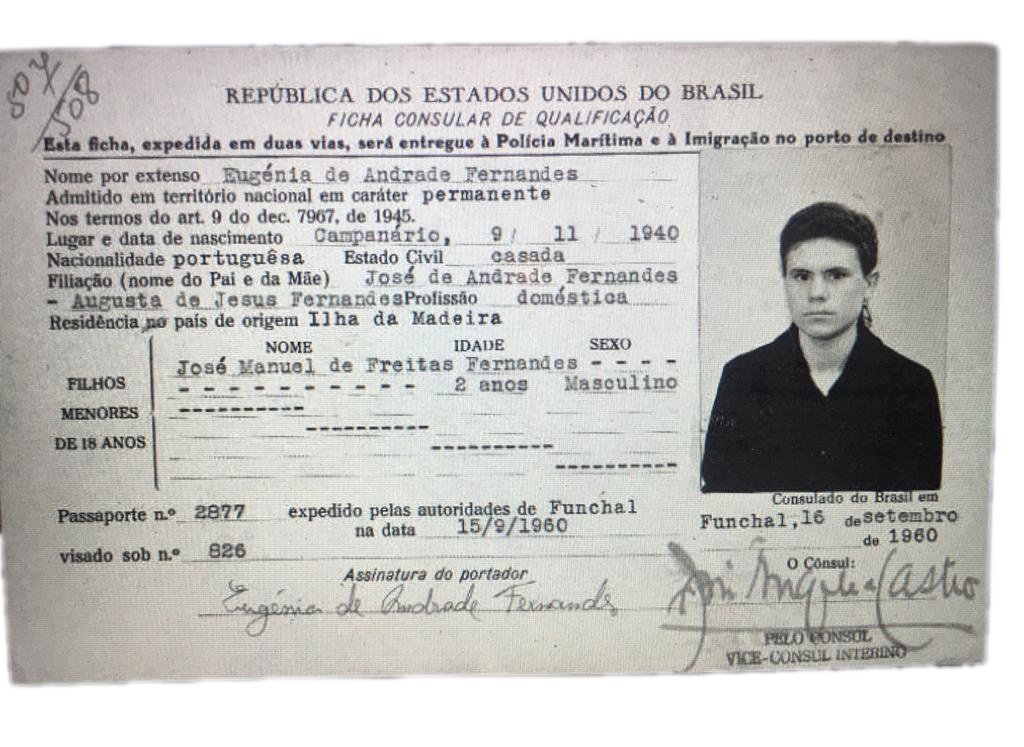 Arquivo pessoal de Eugénia Fernandes - Ficha de Consular de Qualificação de Eugénia
Fernandes, 1960