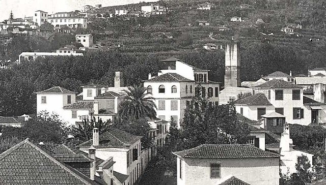 Antigos edifícios da rua do Torreão, onde se localizava a casa onde nasceu Maria do Carmo Rodrigues, hoje demolidos para dar lugar ao Jardim de Santa Luzia. Foto de Joaquim Augusto de Sousa (1853-1905), cerca de 1900.
