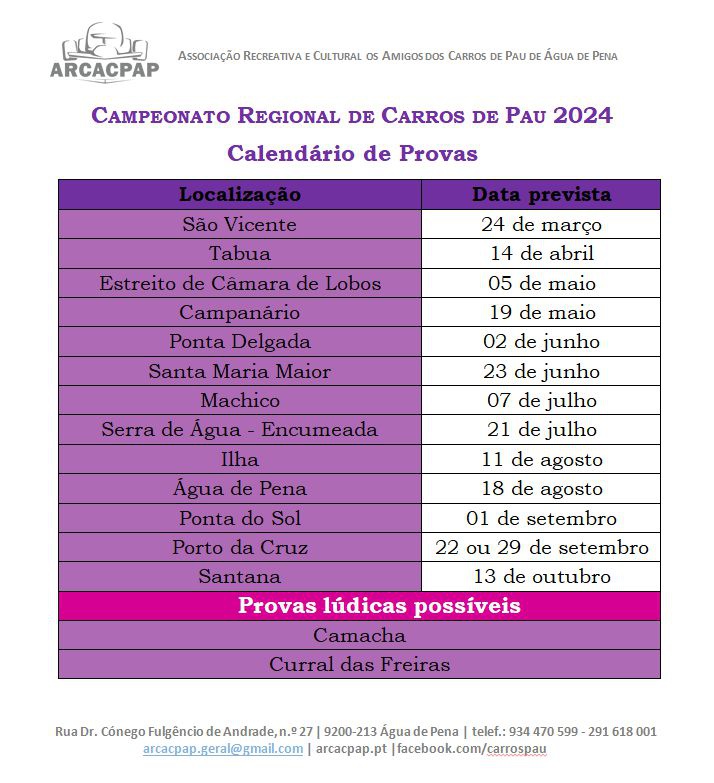 Calendário divulgado nas redes sociais da Associação.&nbsp;