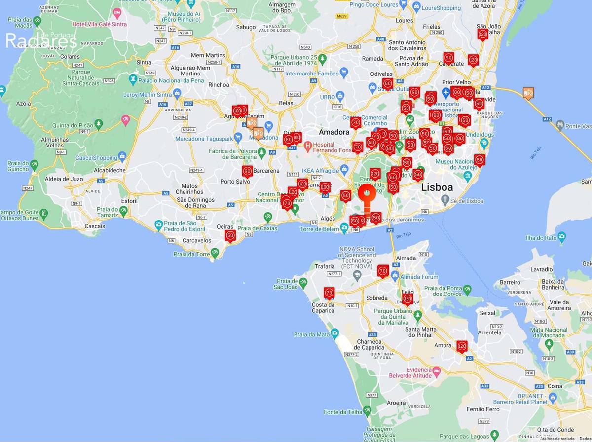 Radares existentes em Lisboa, de acordo com o sítio na Internet www.radaresdeportugal.pt