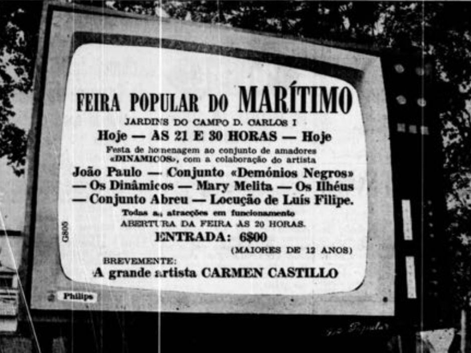 Cartaz promocional da Feira Popular do Marítimo, em que o artista João Paulo surge a abrir o alinhamento, juntamente com o conjunto 'Demónios Negros'.