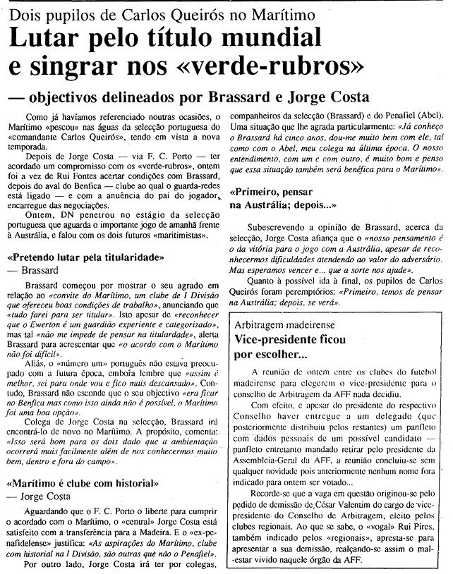 Notícia da contratação de Jorge Costa no DIÁRIO de 25 de Junho de 1991
