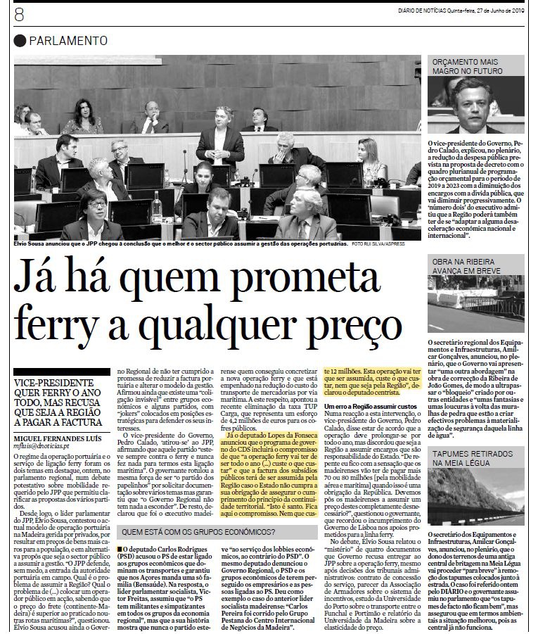 Recorte do DIÁRIO sobre a sessão plenária de 26 de Junho de 2019