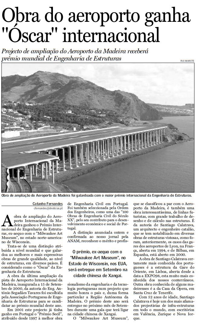 Recorte do Diário sobre o prémio mundial da Engenharia de Estruturas - 27/04/2004