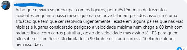Comentário deixado no Facebook do DIÁRIO relativamente à notícia com o título 'Camião despista-se na Cancela e bloqueia trânsito na via rápida', no sábado, 25 de Novembro.