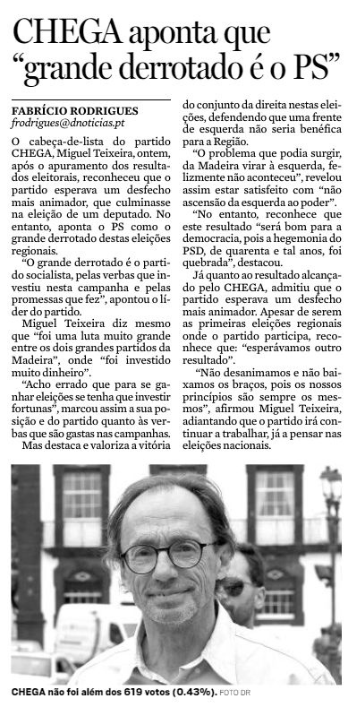 Notícia publicada a 23 de Setembro de 2019 com a reacção do partido aos resultados obtidos