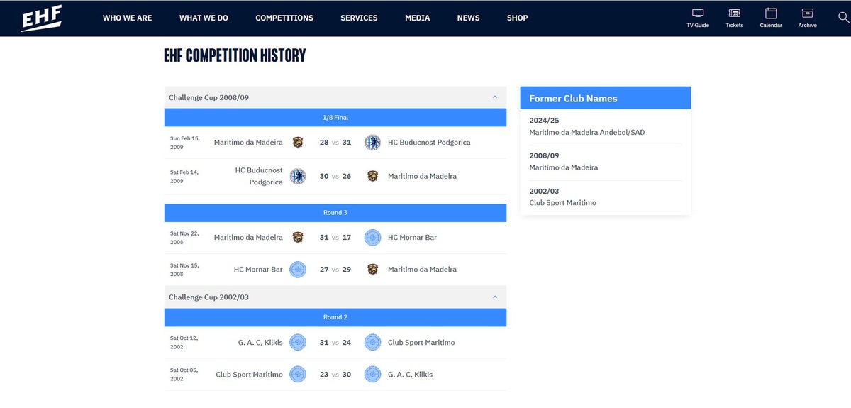 Informação da Federação Europeia de Andebol sobre o histórico do Marítimo&nbsp;
