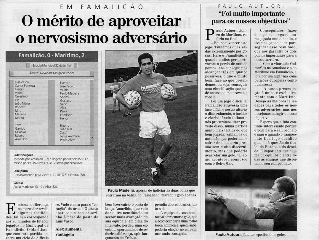 Recorte do DIÁRIO após o último sorriso em Famalicão. Paulo Madeira e Alex Bunbury apontaram os golos (0-2) da vitória.
