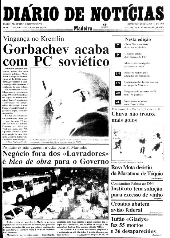 1.ª Página do DIÁRIO de 25 de Agosto de 1991