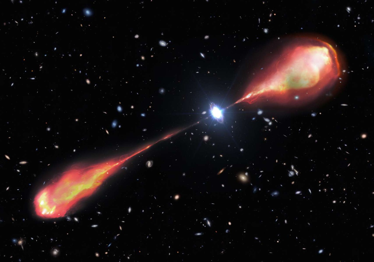 Ilustração de quasar atravessado por um jato de luz