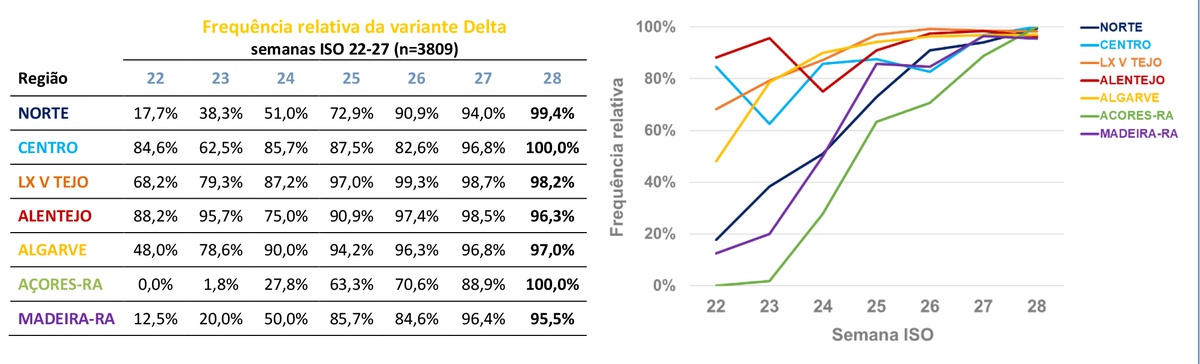 Evolução semanal da frequência relativa da variante Delta entre as semanas22 (31 de Maio – 06 de Junho) e 28 (12 – 18 de Julho) de 2021 por Região de Saúde. Fonte: INSA