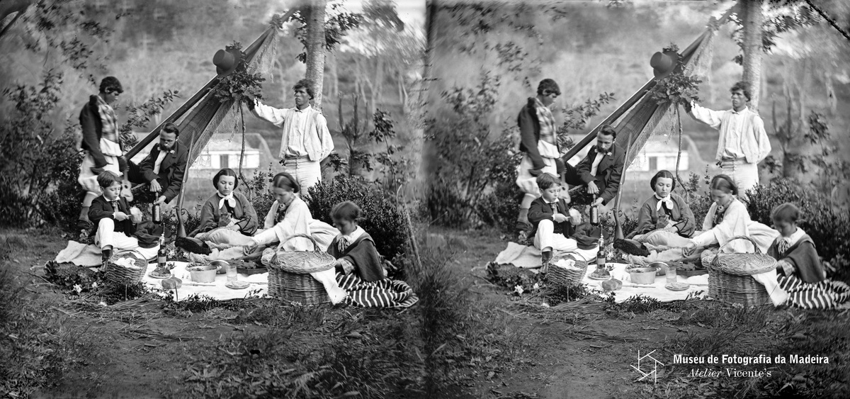 Retrato de um grupo de pessoas num piquenique em local não identificado, na Ilha da Madeira | Segunda metade do séc. XIX - 8,3 x 17 cm| Negativo estereoscópico, vidro | Colódio - MFM-AV, inv. VIC/246 - Em depósito no ABM
