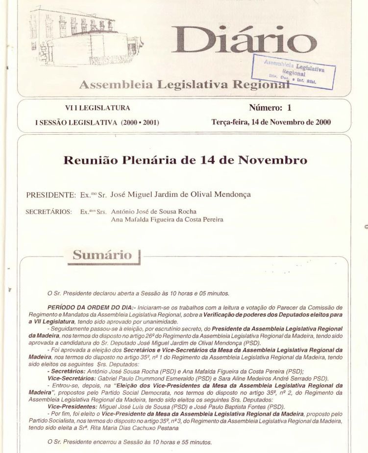 Excerto do Diário da 1.ª sessão da VII Legislatura da Assembleia Regional.&nbsp;
