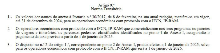 Excerto da Portaria n.º 556/2024, publicada a 22 de Outubro, no Jornal Oficial da RAM, que estabelece as taxas e os
respectivos montantes a cobrar pelo Instituto de Florestas e Conservação da
Natureza.&nbsp;