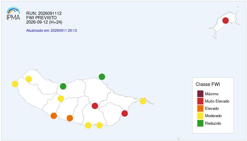 Índice Meteorológico de Incêndio para os dia 12, 13 e 14 de Setembro, na Madeira.