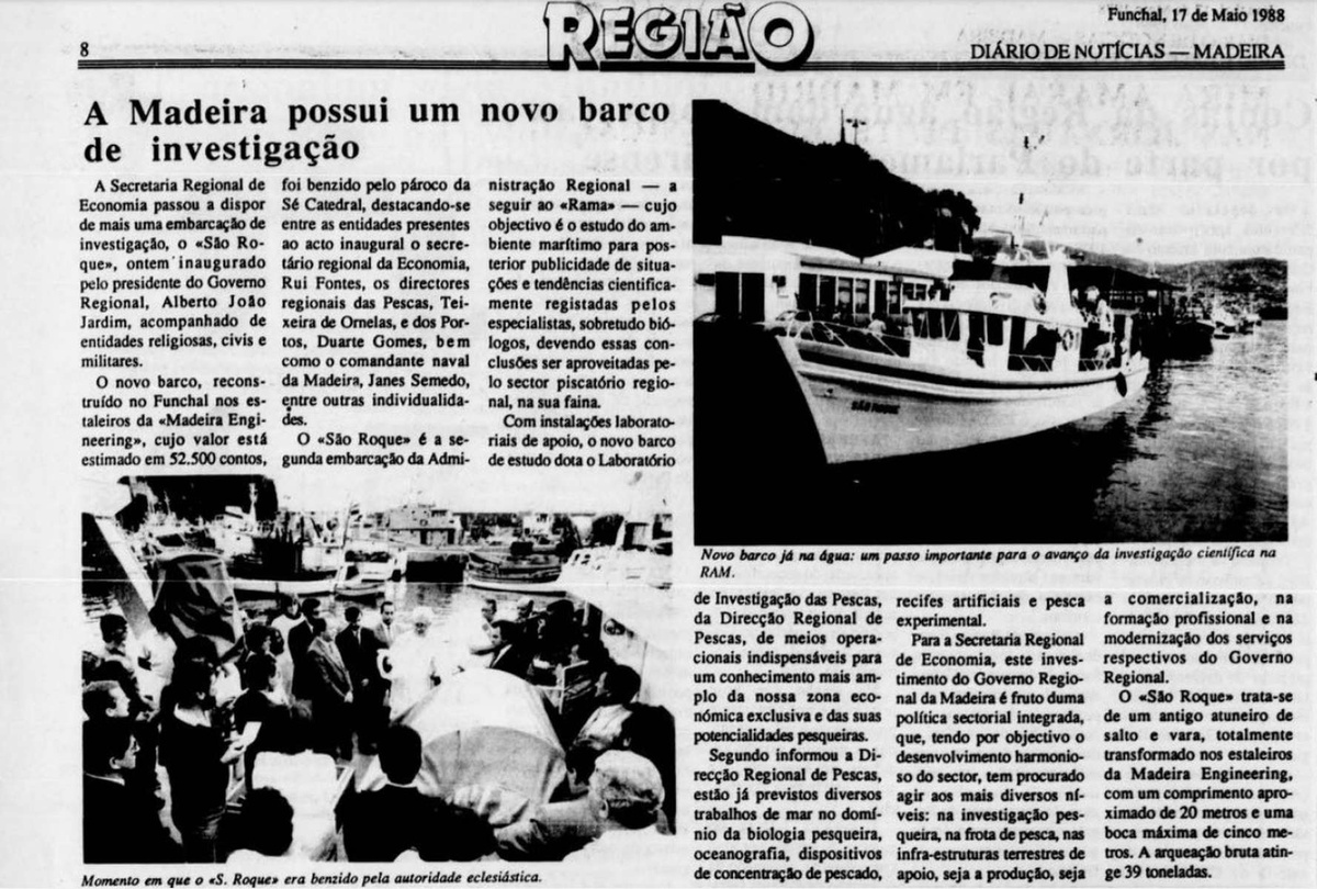 Notícia da inauguração do 'São Roque', um "novo barco de investigação", em 1988.