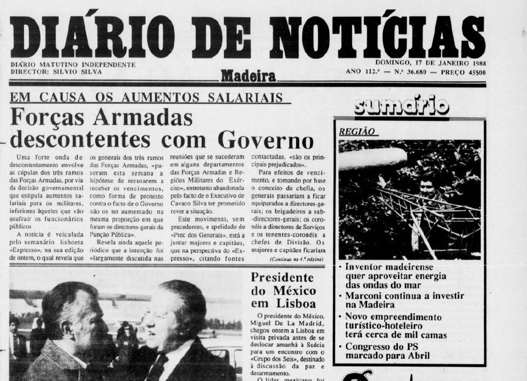 Referência ao inventor madeirense António Lima na primeira página da edição de 17 de Janeiro de 1988.