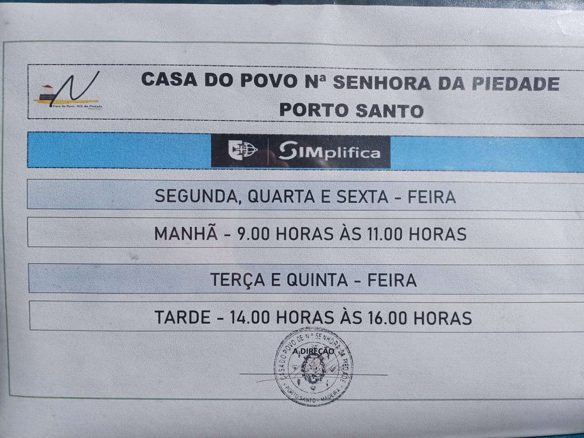 Horário de funcionamento da Casa do Povo do Porto Santo