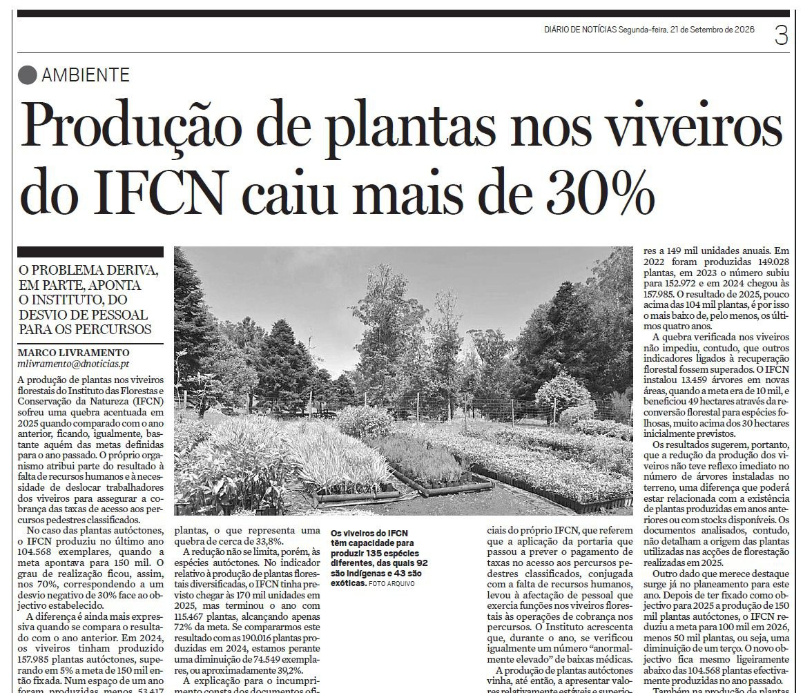 Pode ler a notícia sobre o decréscimo da produção nos viveiros do IFCN na edição de hoje do seu DIÁRIO.&nbsp;