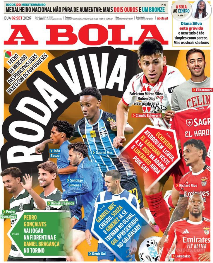 Capas dos jornais desta quarta-feira, dia 2 de Setembro de 2026.