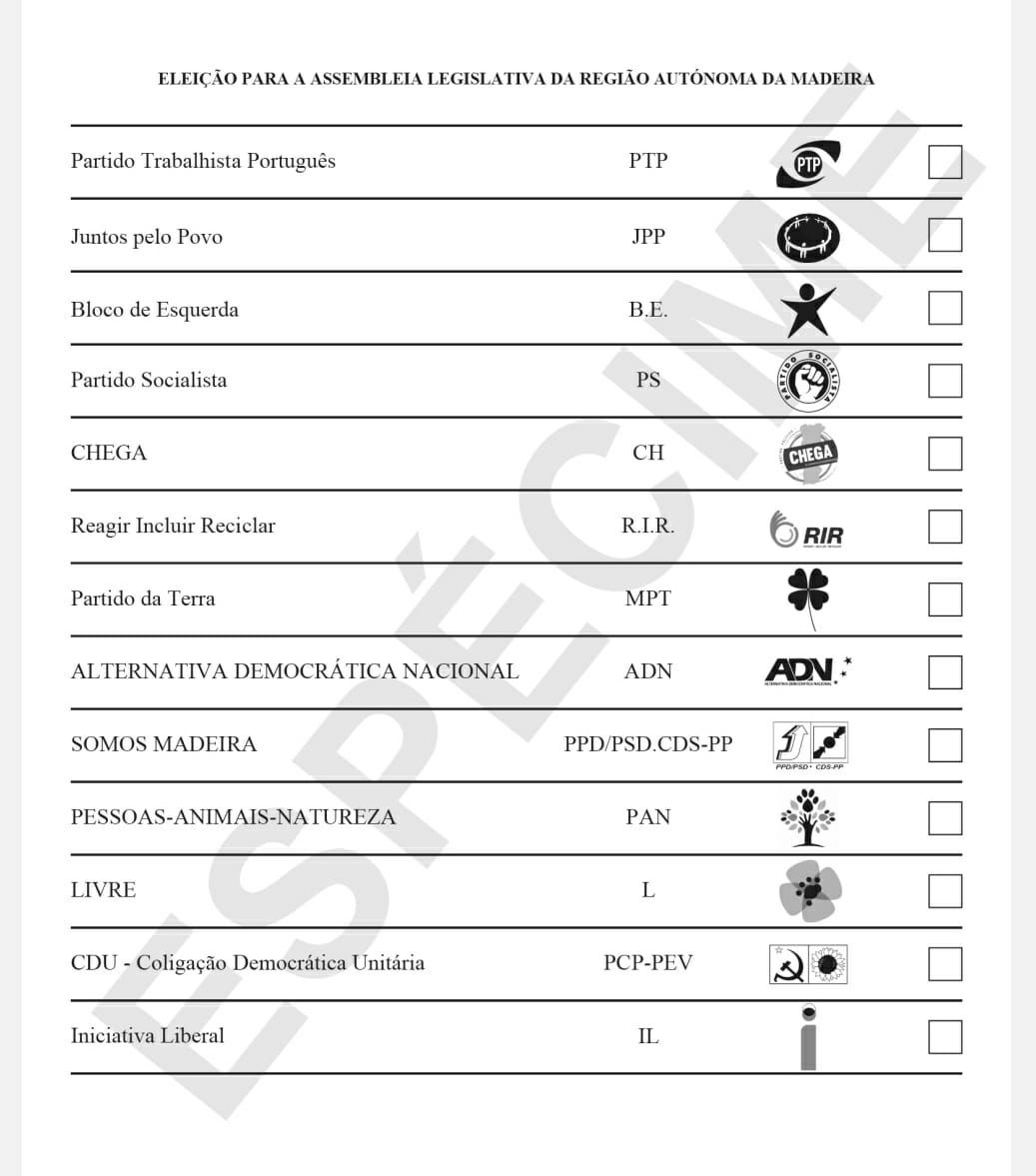 Espéciome do boletim de voto destas eleições, divulgado pela Comissão Nacional de Eleições.