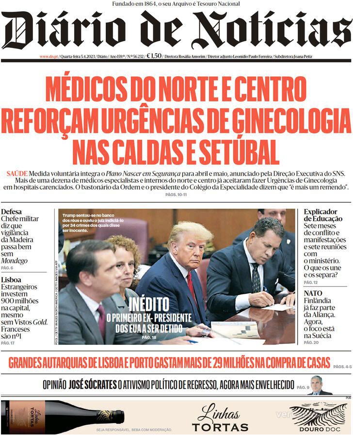 Capa do Diário de Notícias desta quarta-feira, 5 de Abril