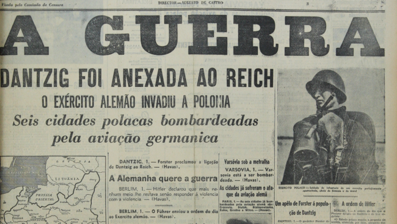Manchete do Diário de Notícias de 1 de Setembro de 1939 