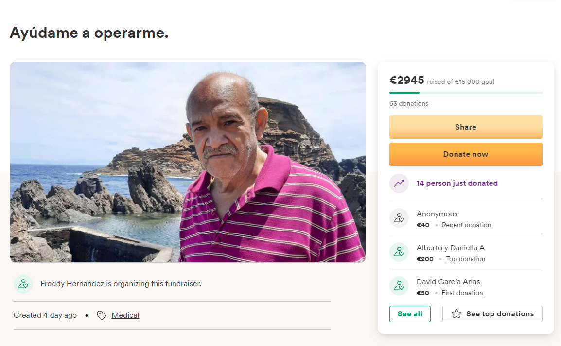 No espaço de seis dias desde o lançamento da campanha, Freddy Hernández já recebeu cerca de 60 doações e foram arrecadados à volta de 3.000 euros.&nbsp;