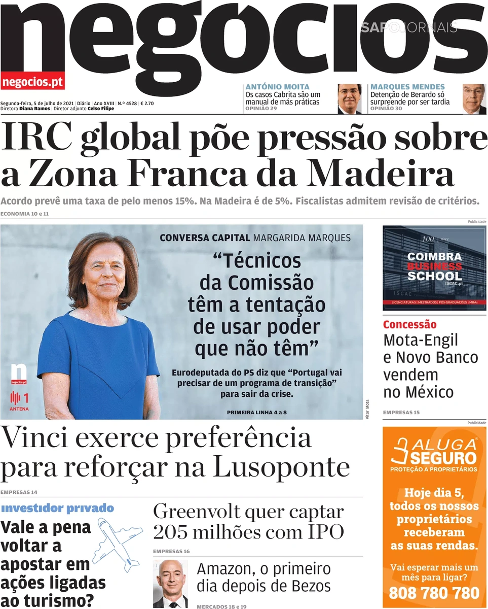 A notícia que faz manchete do Jornal de Negócios desta segunda-feira.