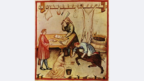 Ilustração do século XIV do tratado medieval sobre o bem-estar Taccuino Sanitatis, mostrando duas mulheres tomando parte activa nas lides de um açougue, num modelo que não será muito diferente do usado no Funchal quatrocentista. (Atribuição: PESP / Wikimedia CC-BY-SA 4.0)