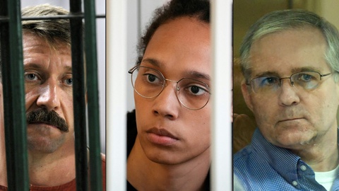 Viktor Bout, Brittney Griner e Paul Whelan, antigo marine dos EUA, acusado de espionagem e detido na Rússia.&nbsp; Foto várias fontes/AFP