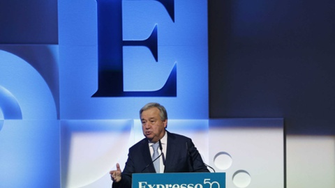 O secretário-geral das Nações Unidas, António Guterres, intervém durante a Grande Conferência Expresso 50 Anos Deixar o Mundo Melhor, na Fundação Champalimaud, em Lisboa, a 6 de Janeiro de 2023.