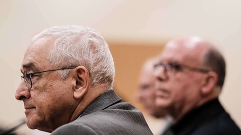 Conferência de imprensa da CEP, sobre o final da Assembleia plenária extraordinária para analisar o relatório da comissão independente sobre os abusos sexuais na igreja em Portugal. Na mesa, D. José de Ornelas, presidente da CEP, D. Virgílio Antunes, bispo de Coimbra e Manuel Barbosa, porta-voz. Hoje, 3 de Março de 2023.