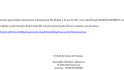 Exemplo do email que está a ser enviado aos contribuintes.&nbsp; &nbsp;Foto Portal das Finanças