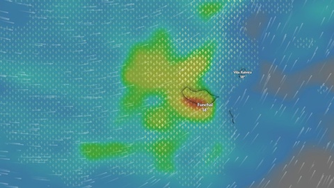 Segundo o portal Windy.com o período de maior intensidade deverá ser ao início da noite de segunda-feira. Foto DR