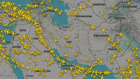 O espaço aéreo iraniano após a reabertura. Imagem do Fligthradar24 às 7h57.