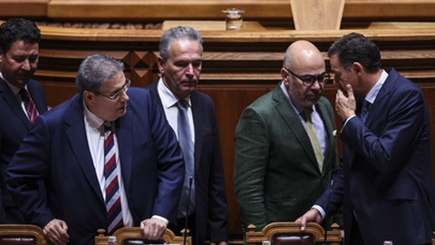 Miguel Pinto Luz (de fato verde) em conversa com Luís Montenegro na passa terça-feira.&nbsp; &nbsp;Foto&nbsp;TIAGO PETINGA/Lusa