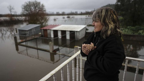 Lurdes Moio mostra observa os terrenos adjacentes à sua casa em Montemor-o-Velho, cujo piso inferior já se encontra inundado devido à subida das águas do Rio Mondego.&nbsp;&nbsp;
