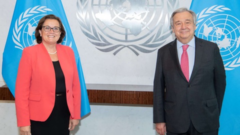 Ana Paula Zacarias com António Guterres, na ONU.&nbsp; &nbsp;Foto&nbsp;Eskinder Debebe / United Nations Photo