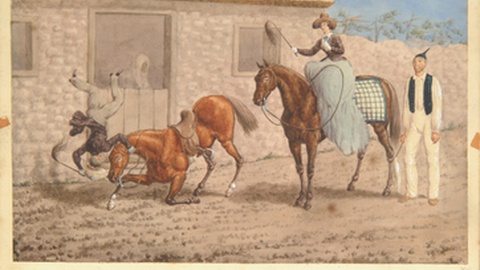 Isabella de França, janeiro de 1854, aguarela de sua própria autoria, em que se ilustra a si própria e ao marido num dos vários incidentes da sua estadia na ilha. Atribuição: Isabella de França, em domínio público