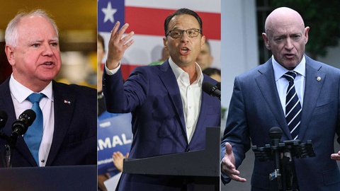 O governador do Minnesota, Tim Walz, o governador da Pensilvânia, Josh Shapiro, e o senador Mark Kelly, ex-astronauta.&nbsp;FOTOS STEPHEN MATUREN/GETTY IMAGES NORTH AMERICA/GETTY
IMAGES VIA AFP, SARAH YENESEL/EPA E BRENDAN SMIALOWSKI/AFP