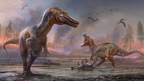 Impressão artística dos dinossauros, com Ceratosuchops inferodios em primeiro plano e Riparovenator milnerae em segundo plano. Foto: Anthony Hutchings