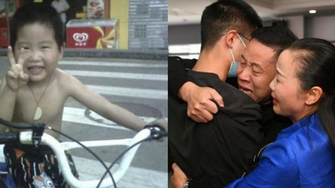 Sun Zhuo, com 4 anos, e no encontro com os pais, 14 anos depois.&nbsp; Foto DR/YouTube / Weibo